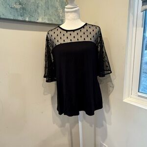 Kim & Cami Black Sheer Dot Yoke Flutter Sleeve Top Size Medium